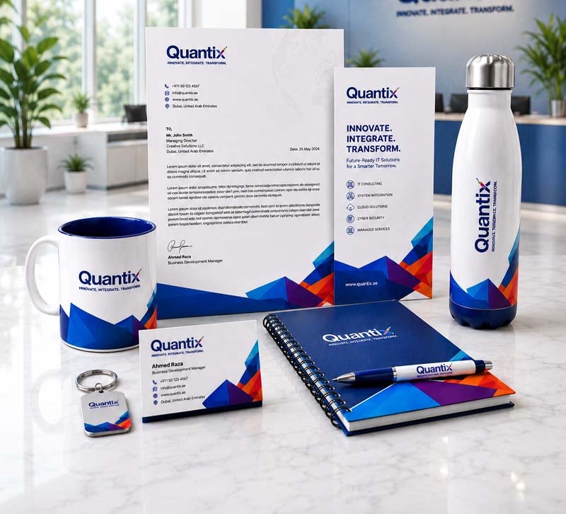 Corporate branding design with stationery promotional products and business materials in Dubai