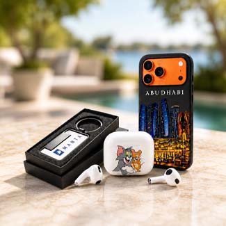 Custom UV printing on phone cases AirPods cases and promotional accessories in Dubai