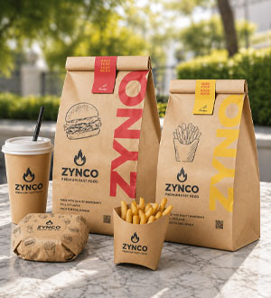 Custom food packaging printing with branded paper bags cups and takeaway boxes in Dubai