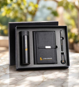 Customized promotional gift set with bottle notebook pen and corporate logo branding in Dubai