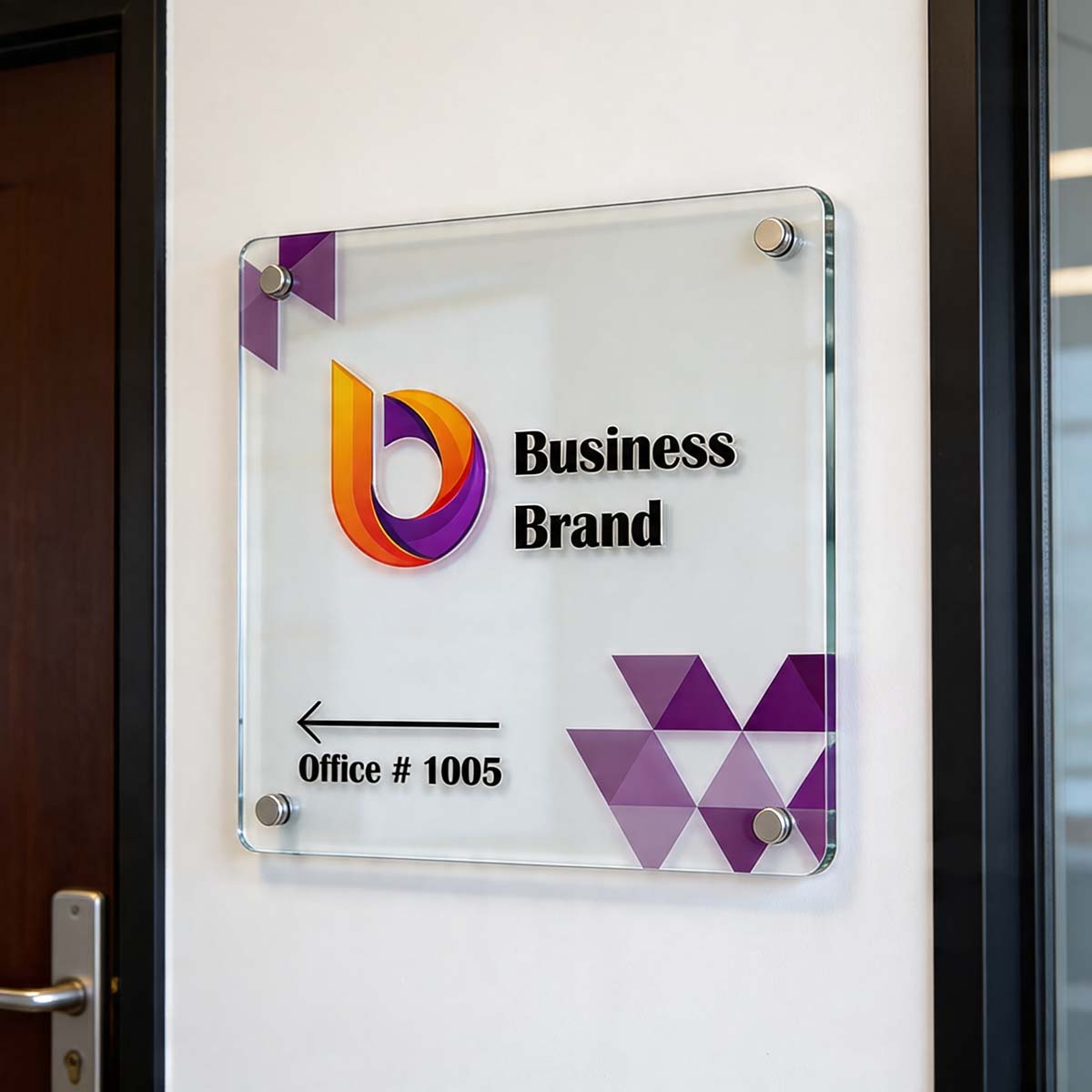 Custom acrylic office door name plate with company logo and directional signage in Dubai