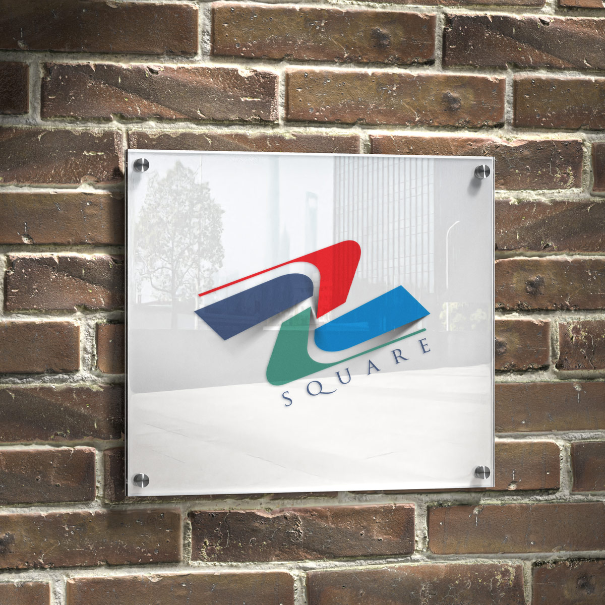 Wall mounted clear acrylic logo sign plate with custom branding and metal standoffs in Dubai