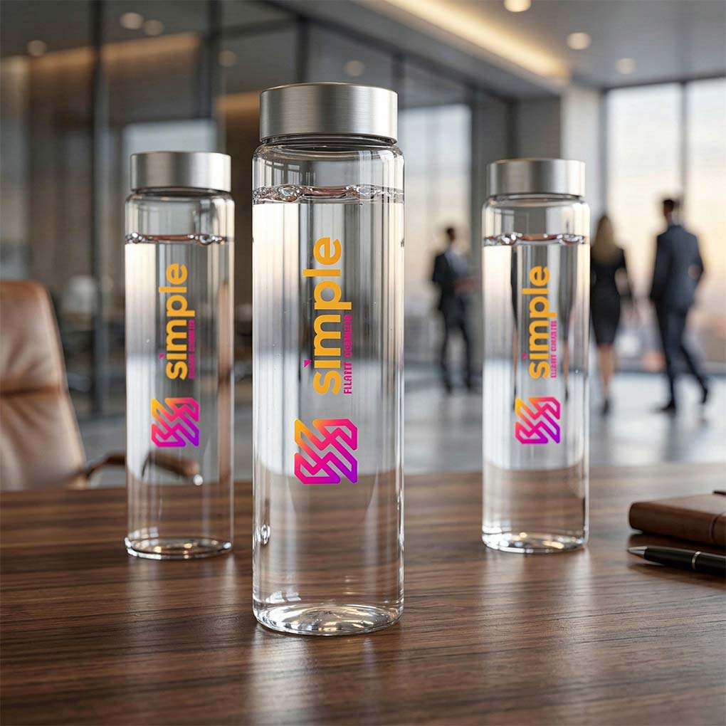 Custom glass water bottle printing with colorful company logo for corporate promotional gifts