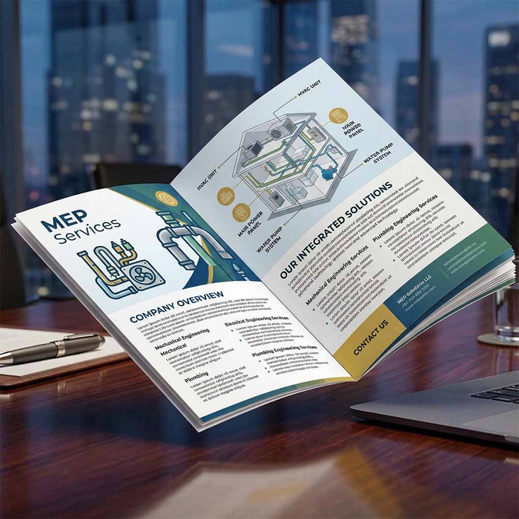 Professional MEP company brochure booklet featuring engineering services and integrated solutions