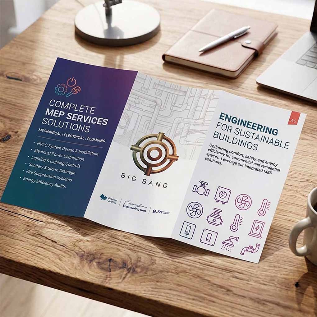 MEP services tri-fold brochure for mechanical electrical and plumbing engineering solutions