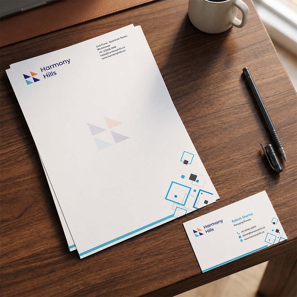 Corporate white letterhead and matching business card with clean blue geometric branding