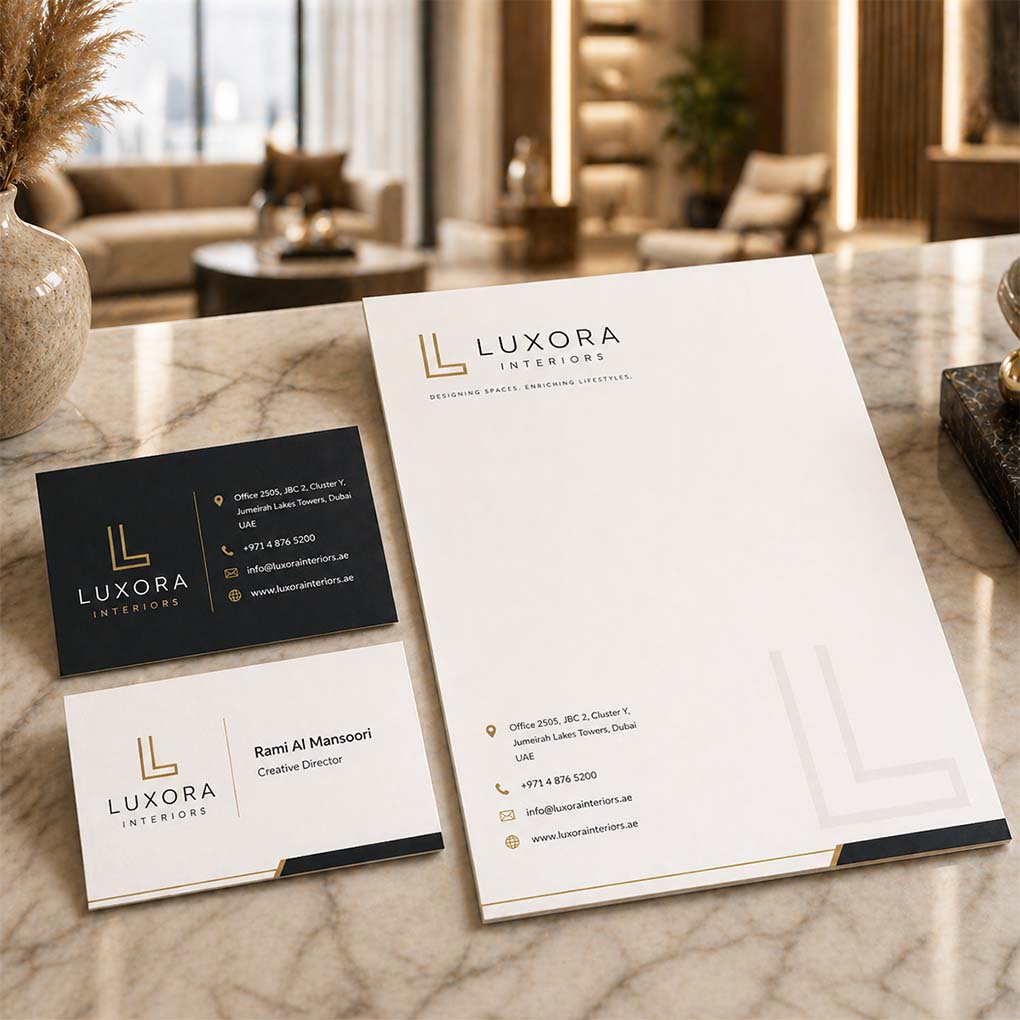 Premium corporate letterhead and matching business cards for a Dubai interior design company