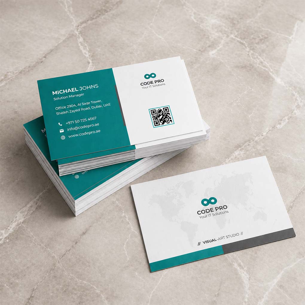 Custom teal and white business cards with QR code and corporate contact details