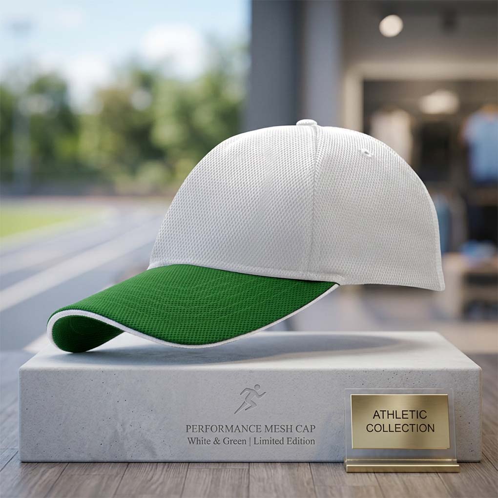 White and green performance mesh cap for custom logo branding