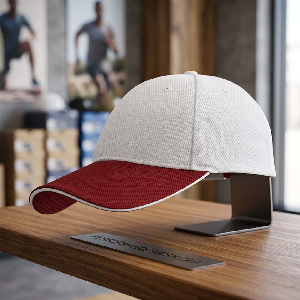 White and red performance mesh cap for logo customization