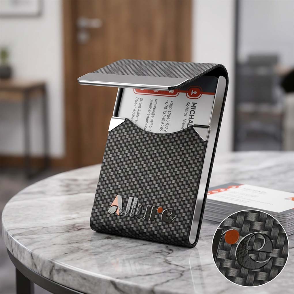 Carbon fiber business card holder with custom logo printing in Dubai