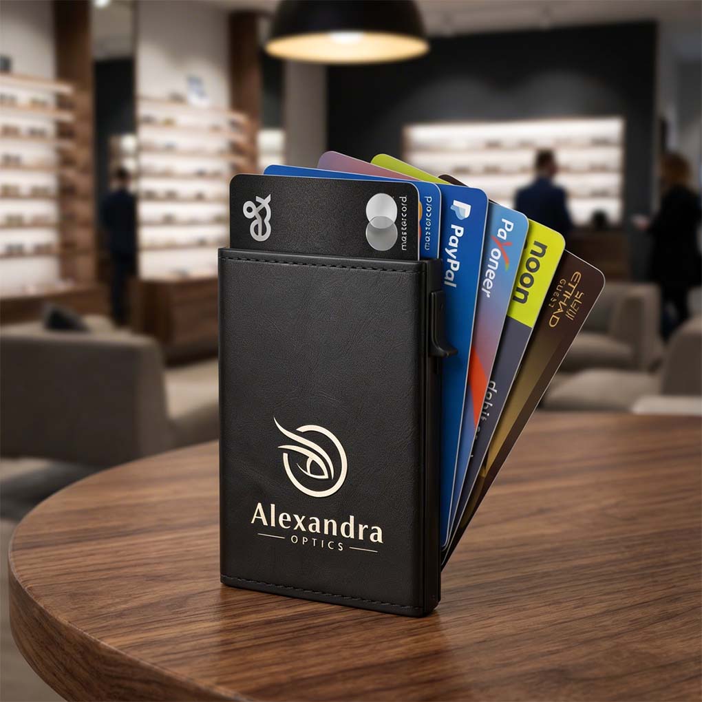 Custom leather card holder wallet with printed company logo in Dubai