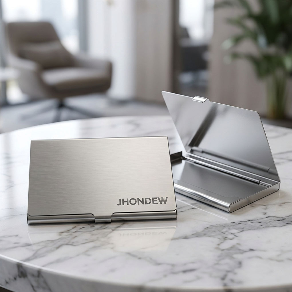 Personalized stainless steel business card holder with custom engraving in Dubai
