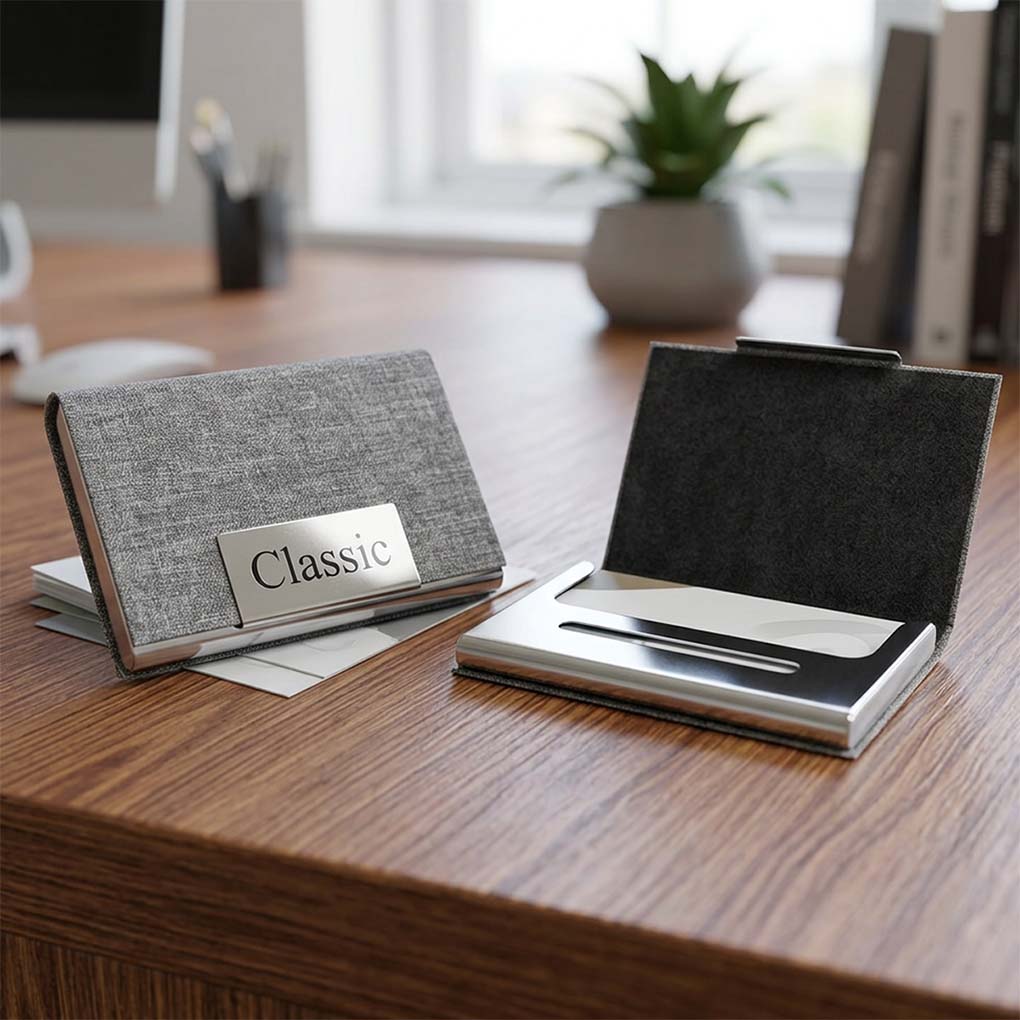 Premium fabric business card holder with metal name plate in Dubai