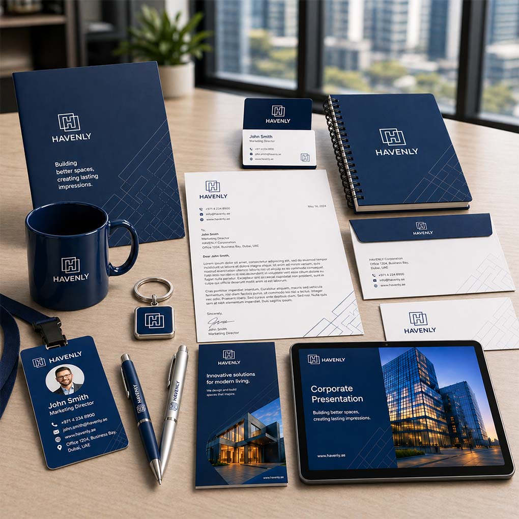 Corporate branding and stationery printing in Dubai including business cards, letterheads, envelopes, notebooks and promotional items