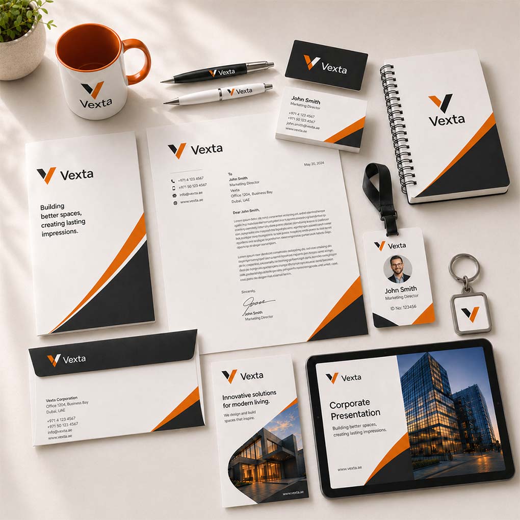 Complete corporate stationery branding in Dubai with letterhead, business cards, envelopes, notebooks, ID cards and promotional gifts