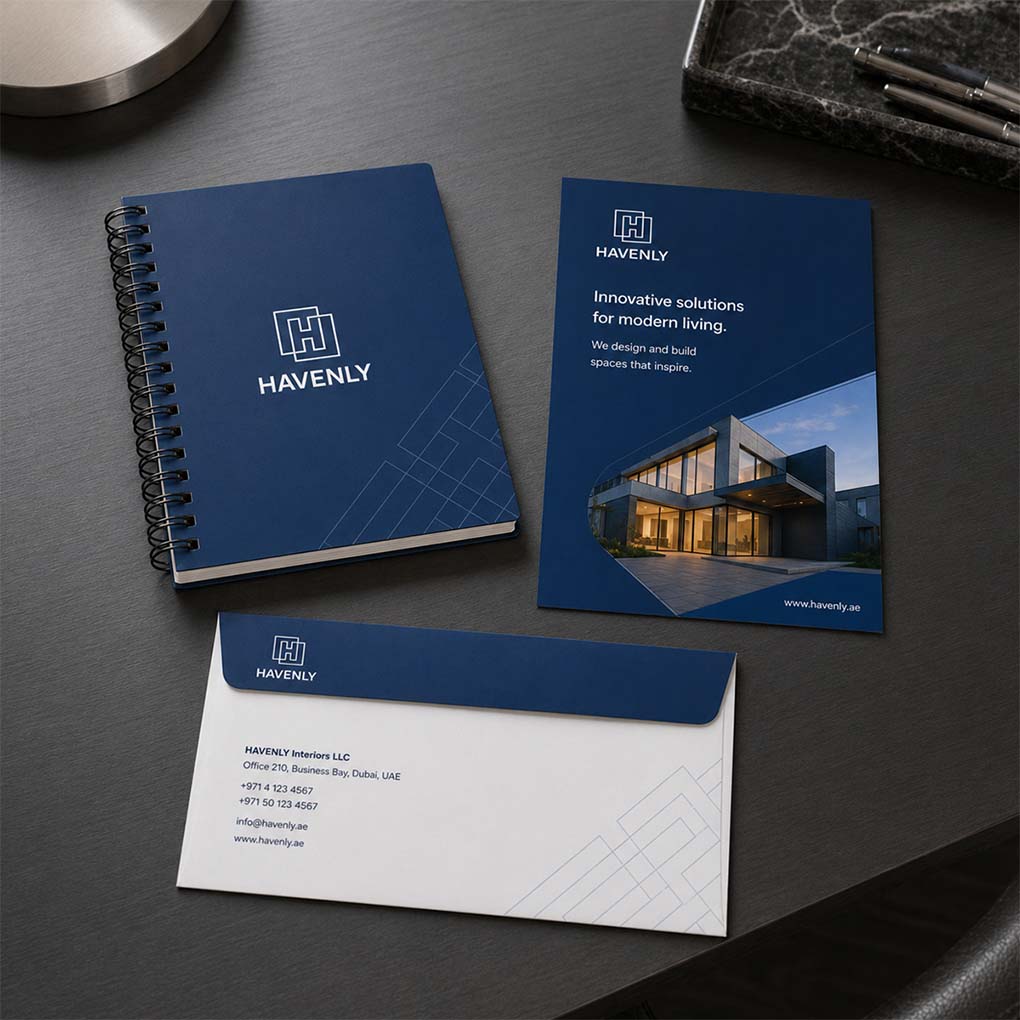 Custom branded notebook, brochure and corporate envelope printing in Dubai UAE