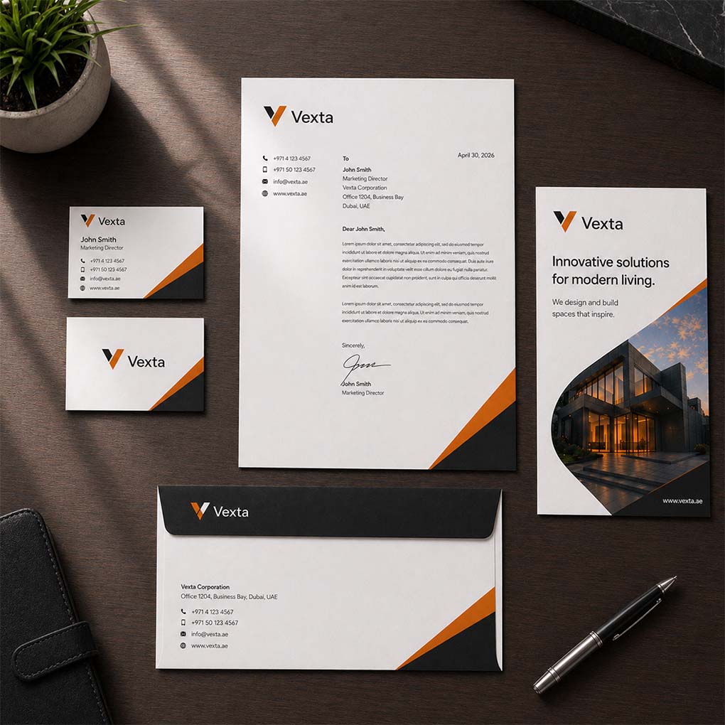 Custom letterhead, envelope, business card and corporate brochure printing services in Dubai UAE