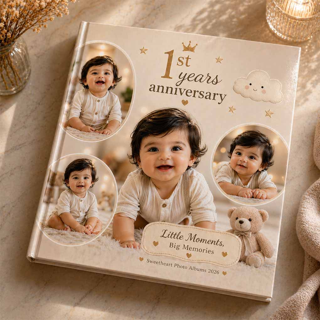 Personalized baby photo album printing in Dubai for first birthday and family memory books