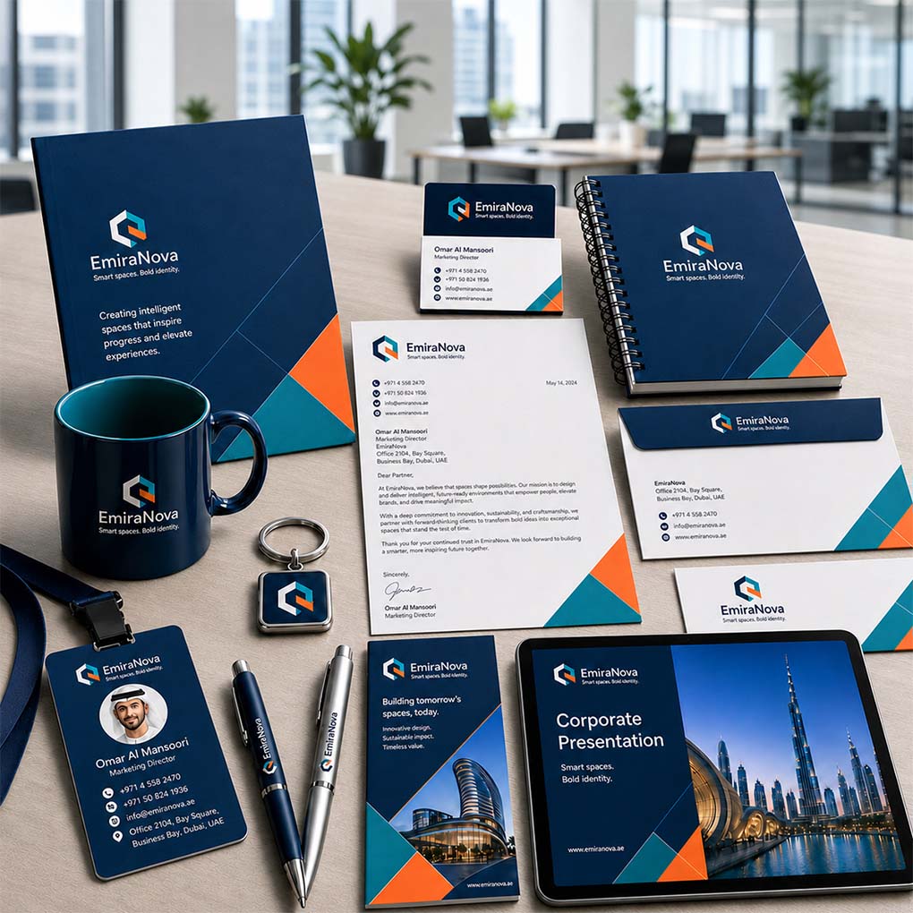 Corporate branding and stationery design printing including business cards, letterheads, envelopes, notebooks and promotional items in Dubai