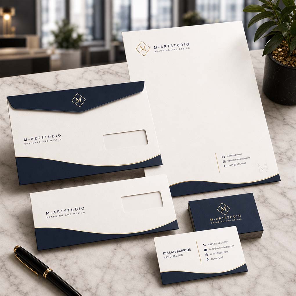 Premium corporate stationery printing including letterheads, envelopes and business cards with custom company branding in Dubai