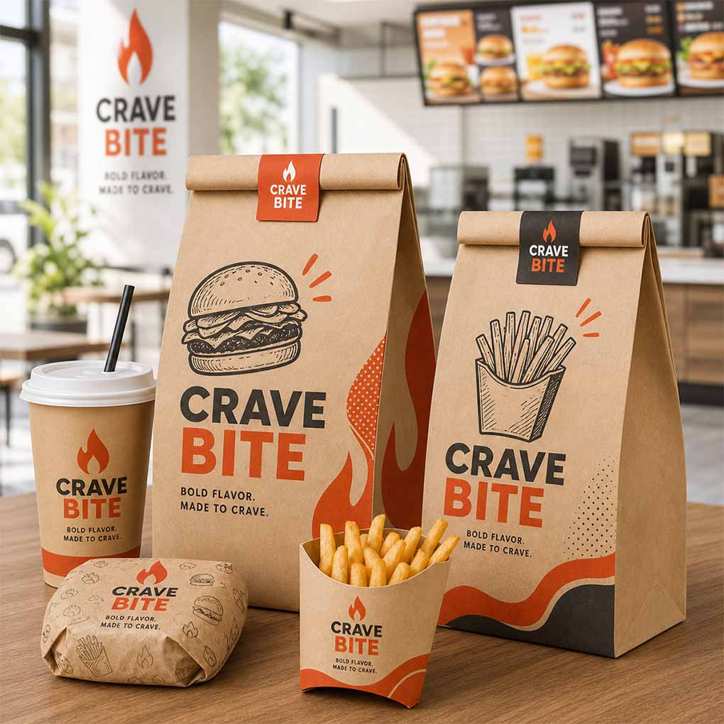 Custom food packaging printing for restaurants and fast food businesses including takeaway bags, burger wraps, cups and fries boxes in Dubai