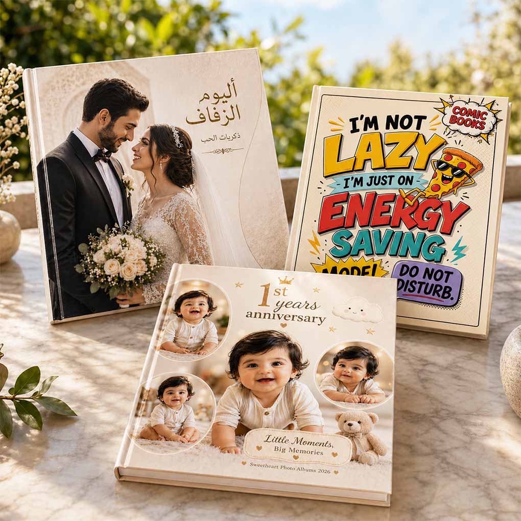 Custom photo book and album printing for weddings, baby memories, anniversaries and personalized gifts in Dubai