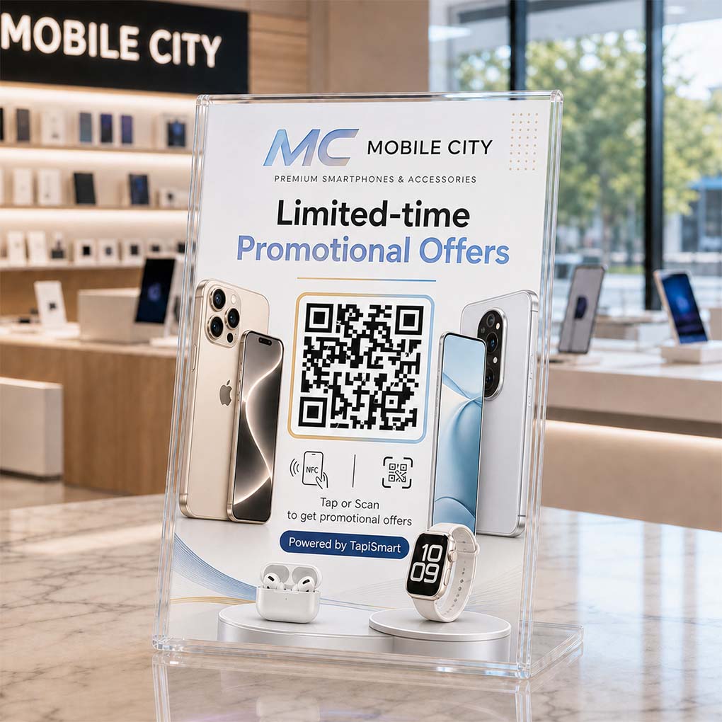 Custom acrylic NFC and QR code retail display stand for smartphone promotions and digital offers in Dubai