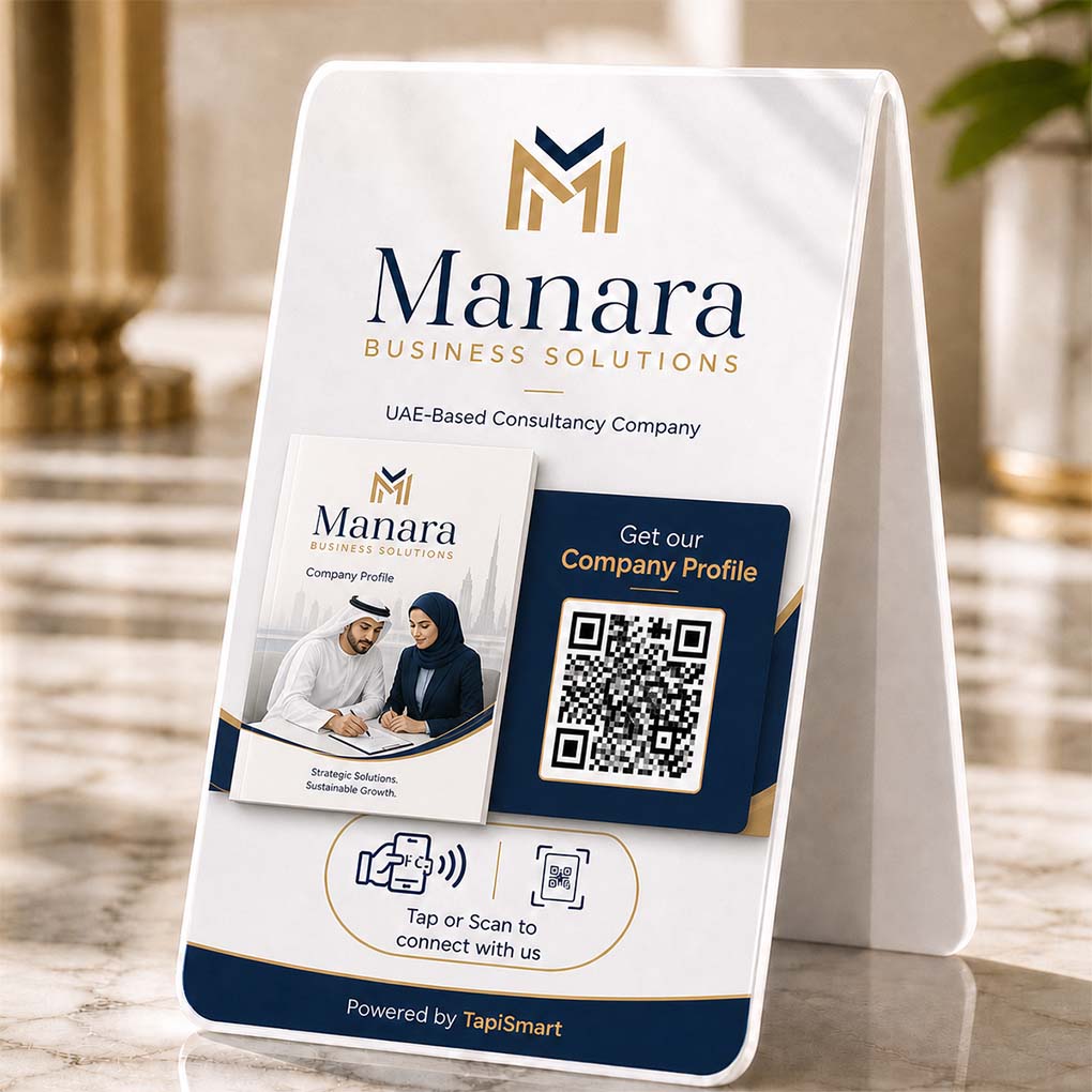 NFC and QR code smart display stand for sharing company profiles and business information in Dubai UAE