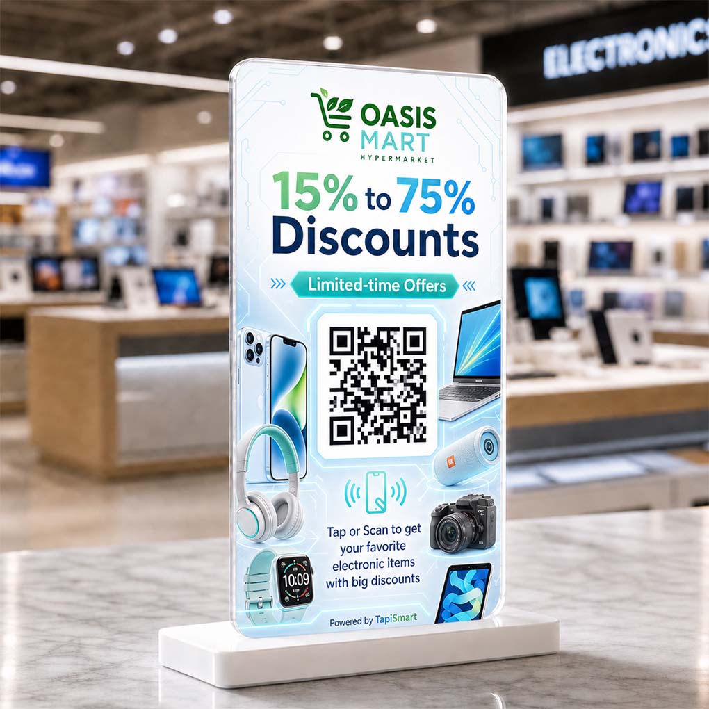 NFC and QR code promotional display stand for electronics discounts, retail marketing and smart promotions in Dubai