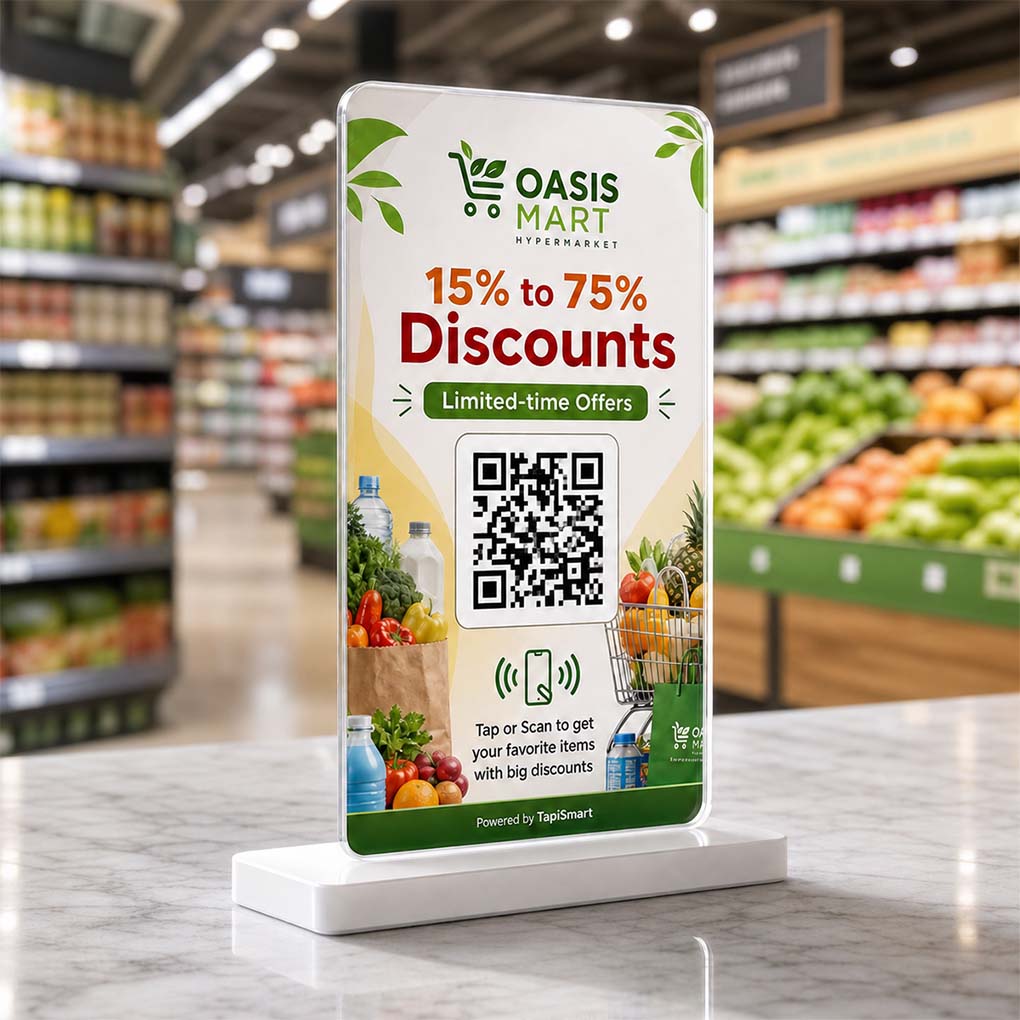 Custom NFC and QR code hypermarket display stand for grocery promotions, discounts and retail offers in Dubai