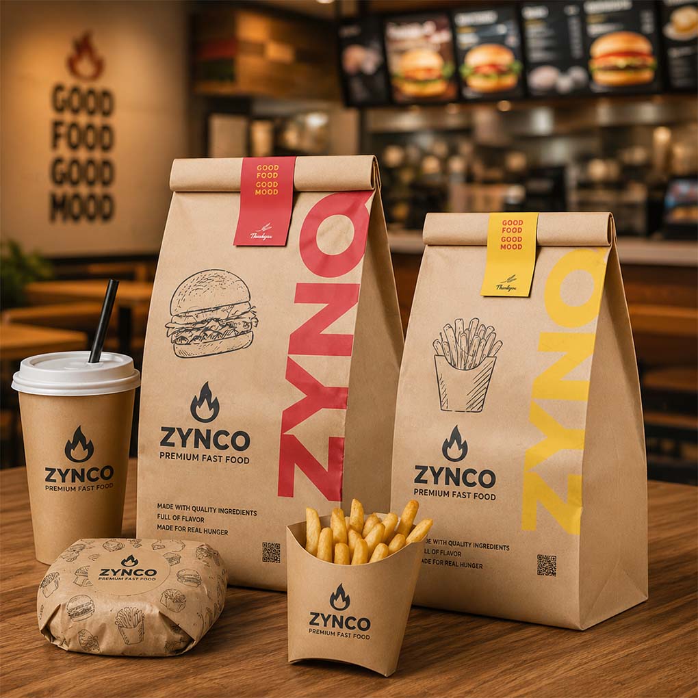 Custom printed fast food packaging with branded kraft paper bags, burger wrap, fries box and takeaway cup in Dubai