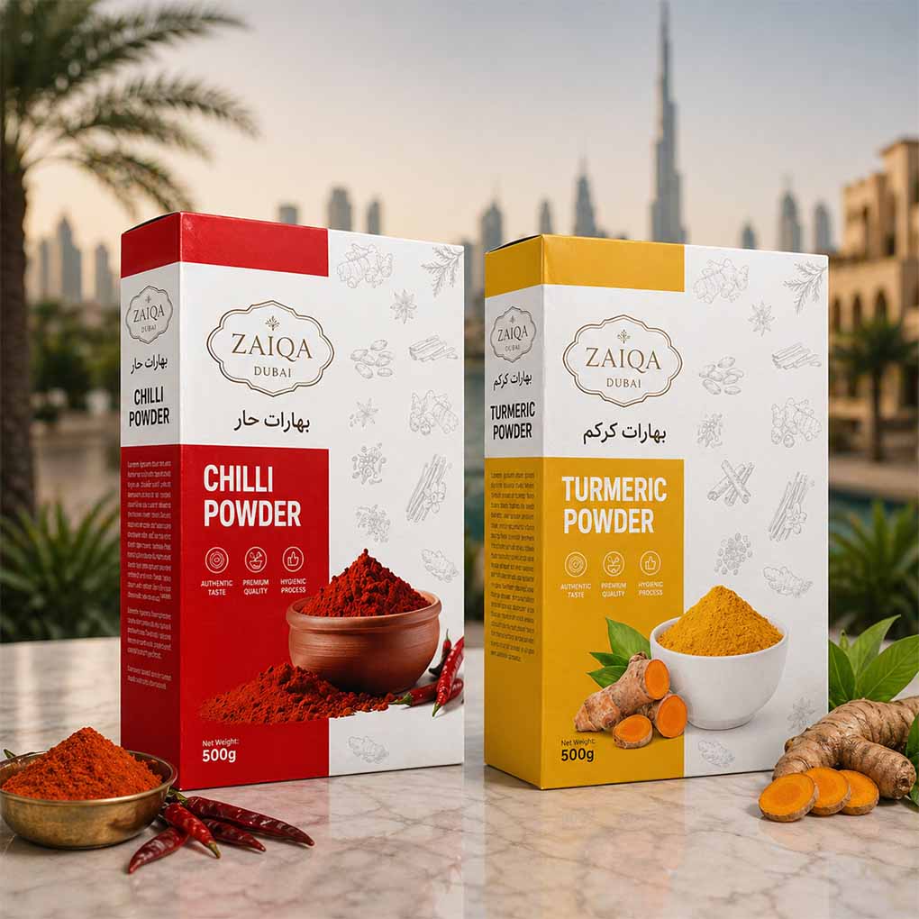 Custom printed spice packaging boxes for chilli and turmeric powder with branded food packaging design in Dubai