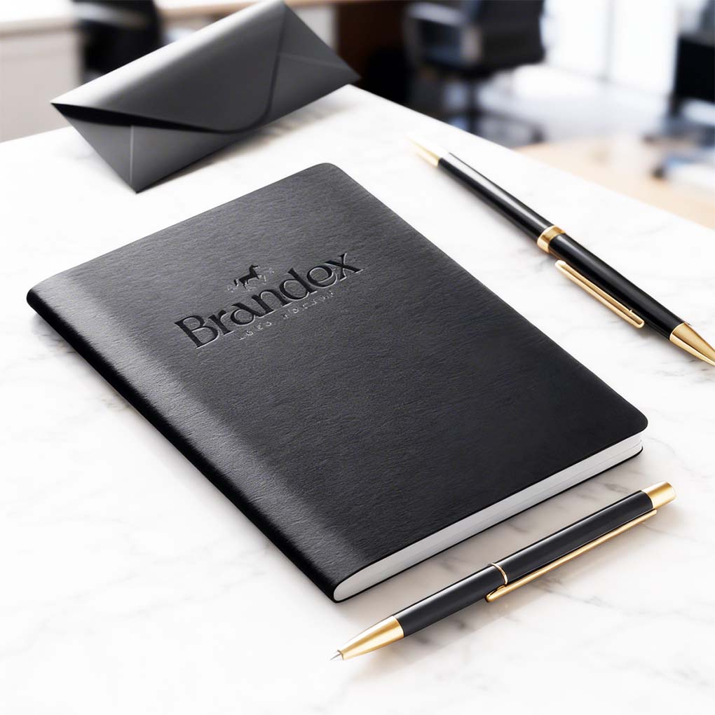 Custom black leather diary with company logo printing and premium pen for corporate gifts in Dubai