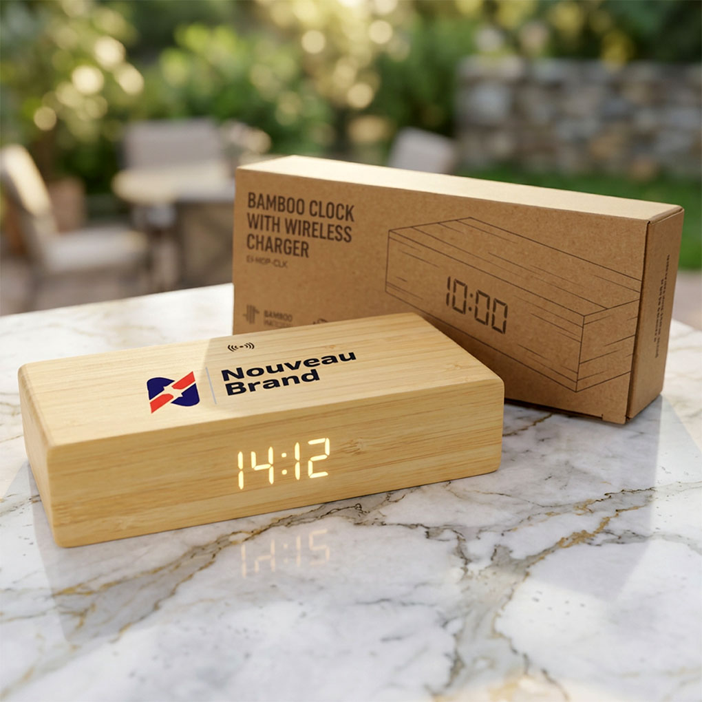 Custom bamboo digital clock with wireless charger and company logo branding for corporate gifts in Dubai