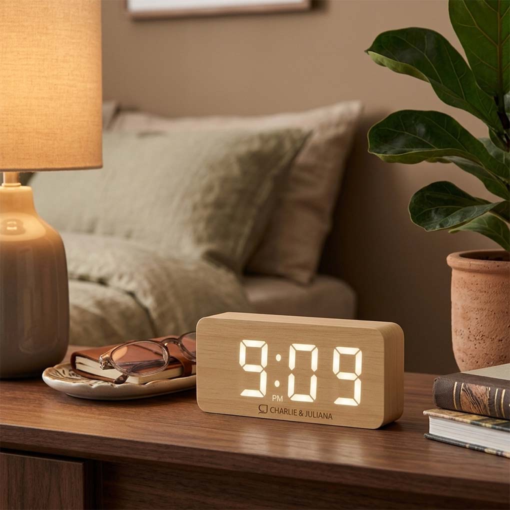 Custom LED bamboo digital clock with personalized name and logo branding for corporate gifts in Dubai