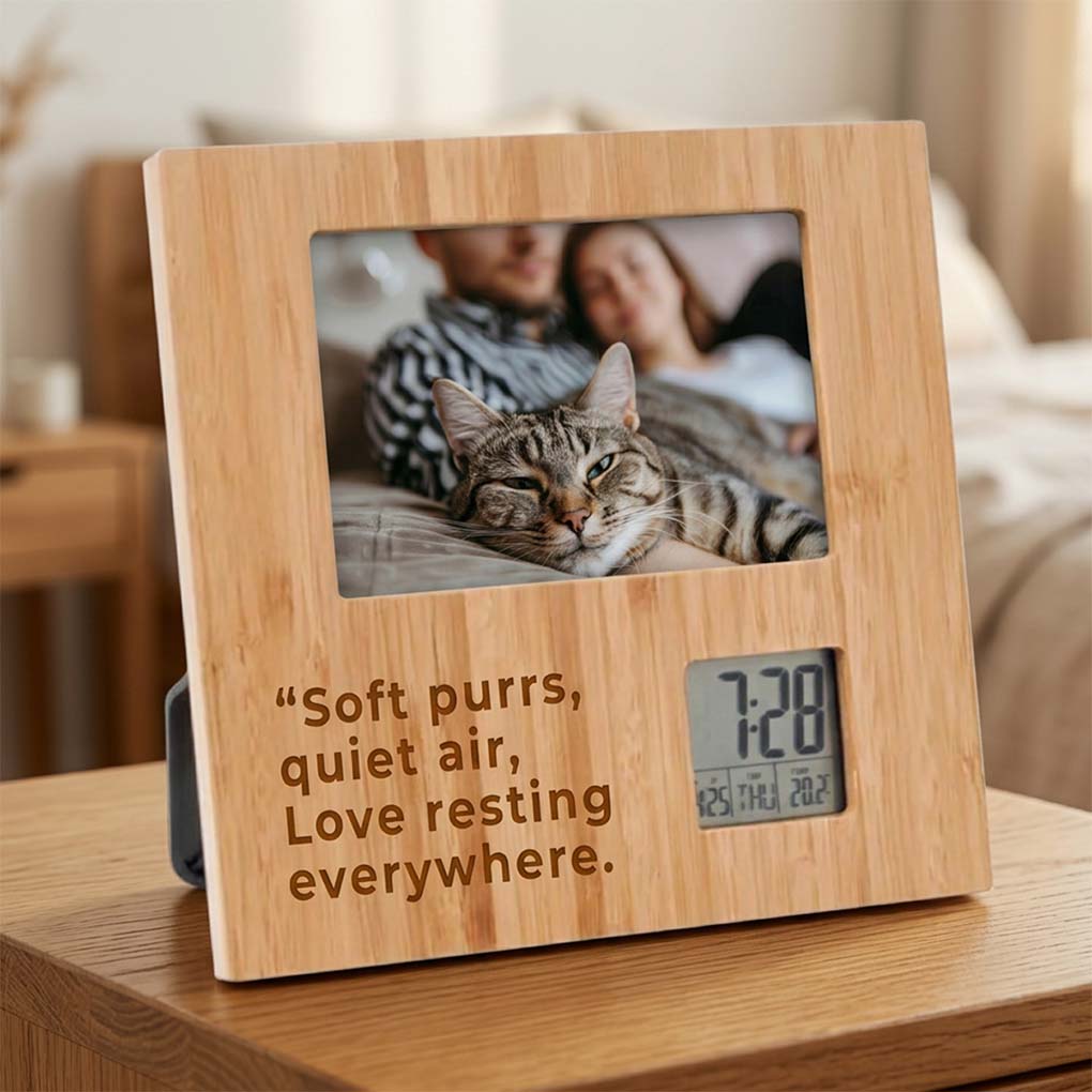 Personalized bamboo photo frame with digital clock and custom engraving for unique corporate and promotional gifts in Dubai