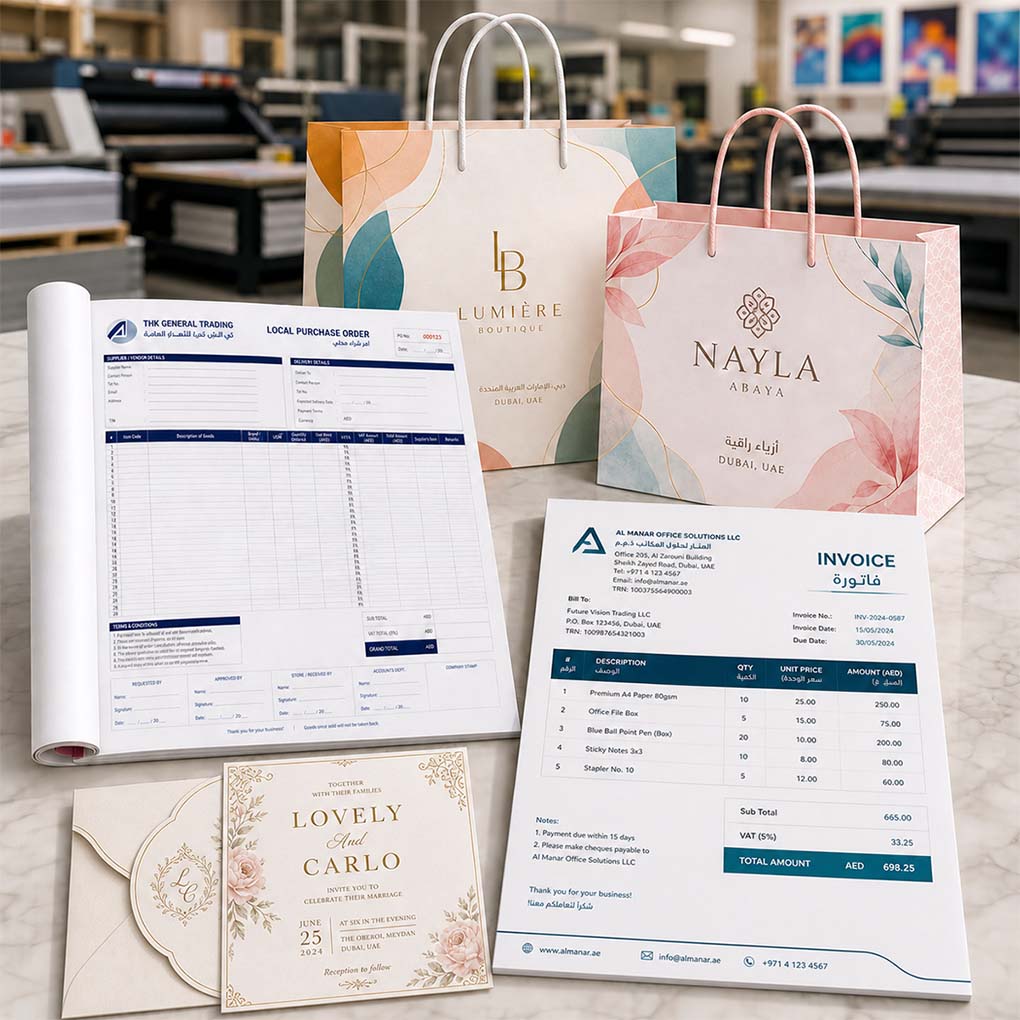 Corporate stationery and shopping bag printing in Dubai including invoices, purchase orders, invitations and branded packaging