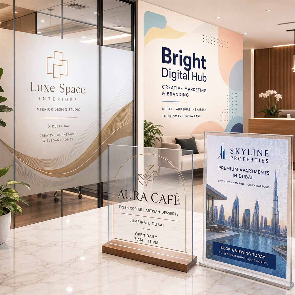Office branding and display printing in Dubai with wall graphics, glass partition branding and acrylic promotional signs