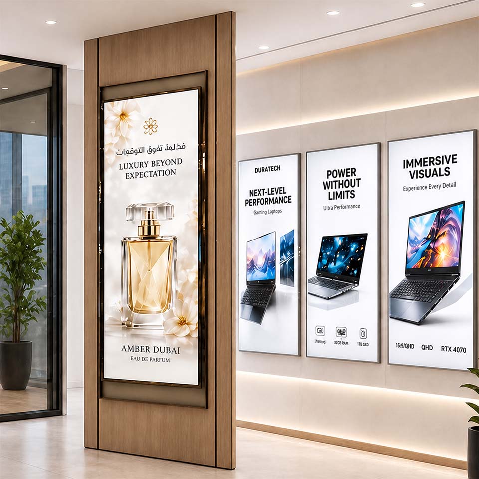 Backlit display printing in Dubai for retail advertising, product promotions and illuminated indoor signage