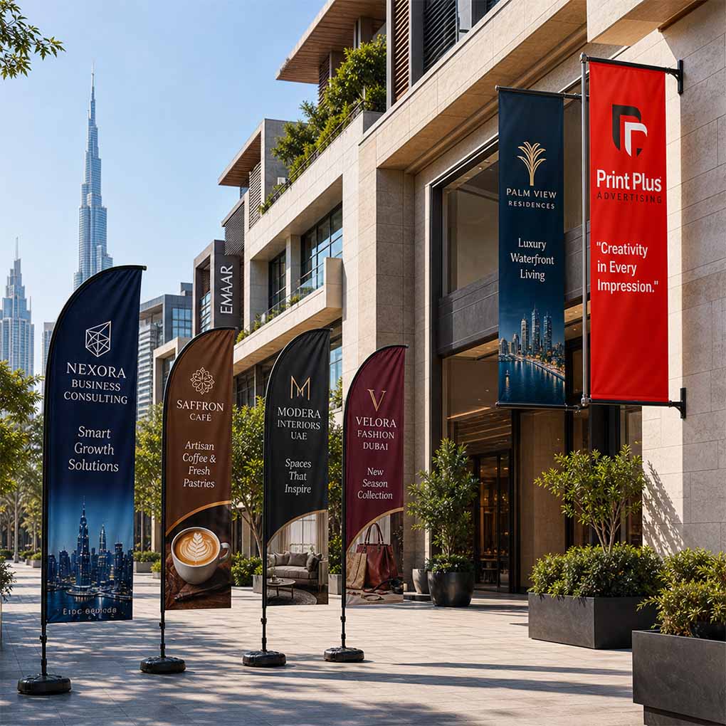 Custom flag and banner printing in Dubai for businesses, retail stores, restaurants and outdoor advertising