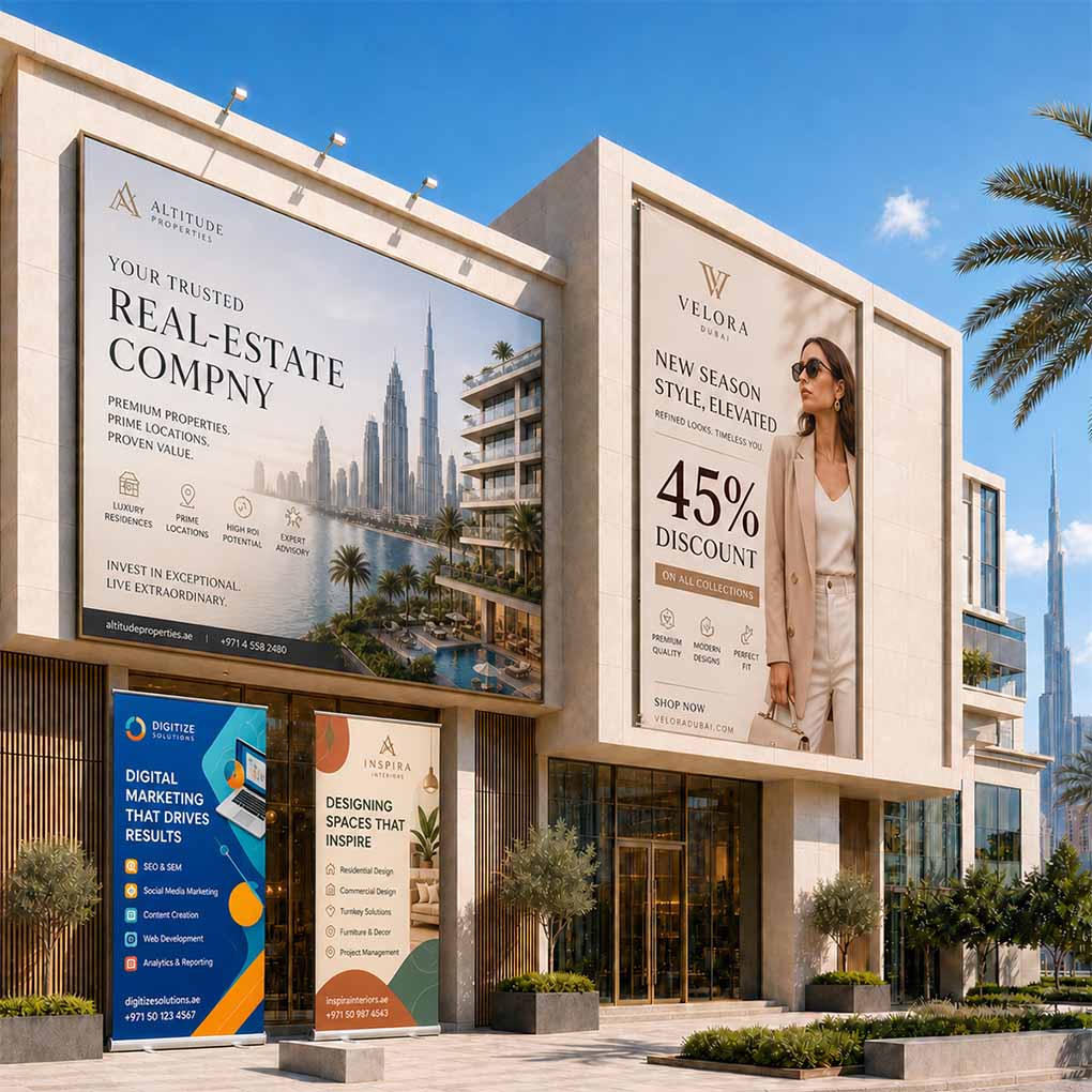 Large format banner printing in Dubai for real estate, retail, corporate and outdoor building advertising