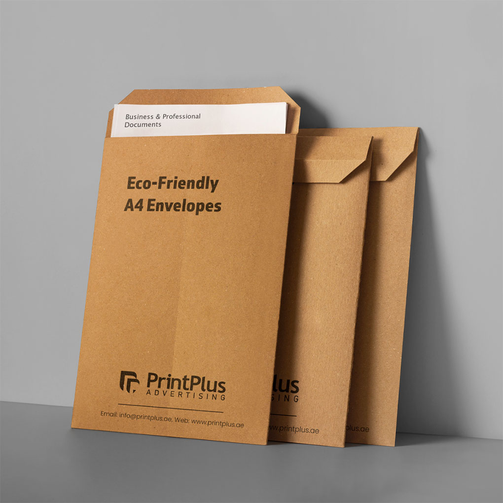 Eco-friendly kraft envelope printing in Dubai for A4 business documents, corporate stationery and professional mailing