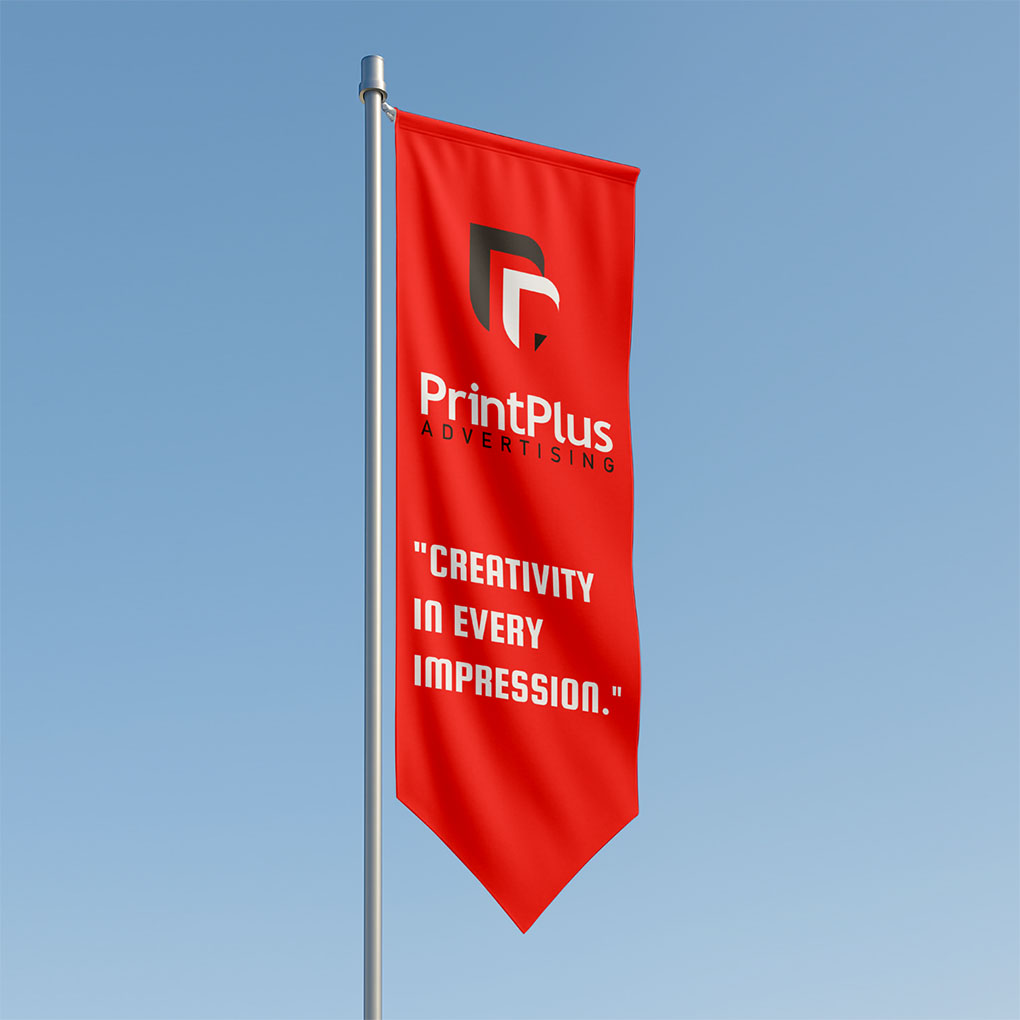 Corporate vertical flag printing in Dubai with custom company logo and branding for business advertising and events