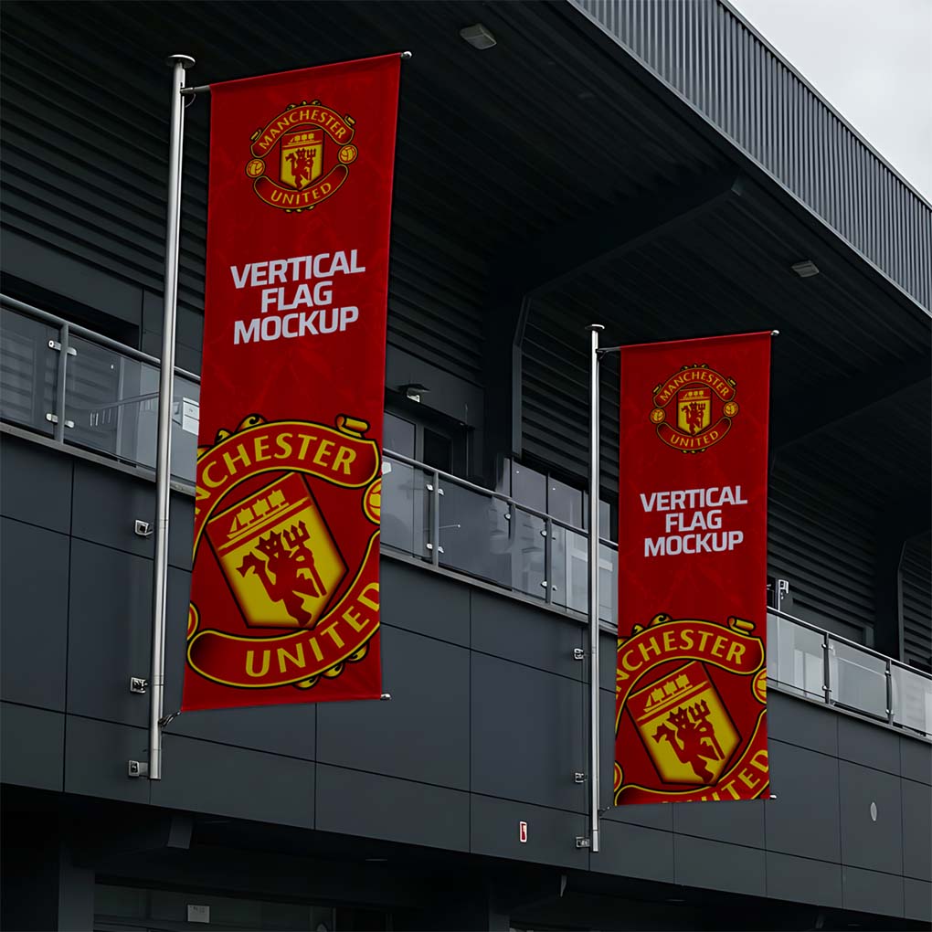 Custom vertical banner flag printing in Dubai for buildings sports venues events branding and outdoor advertising