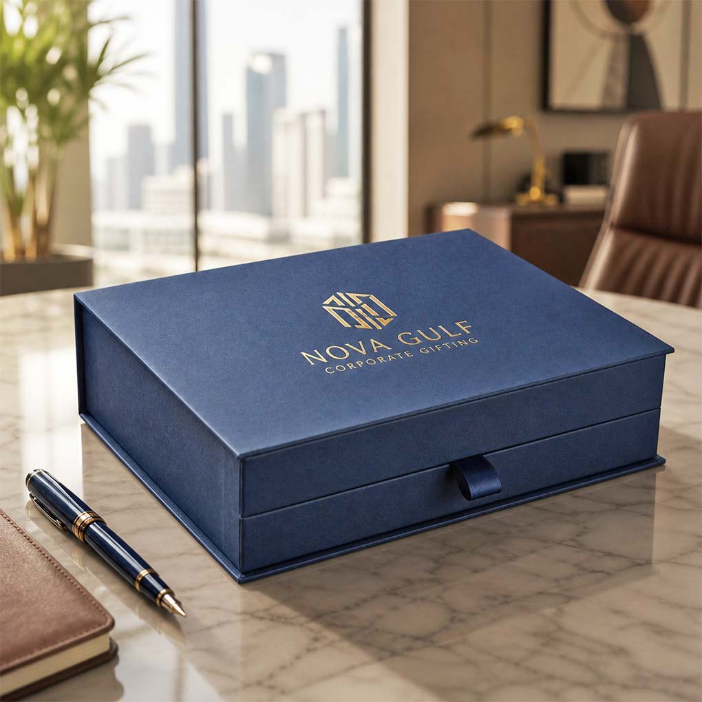 Custom corporate gift box printing in Dubai with premium blue finish and gold foil logo branding