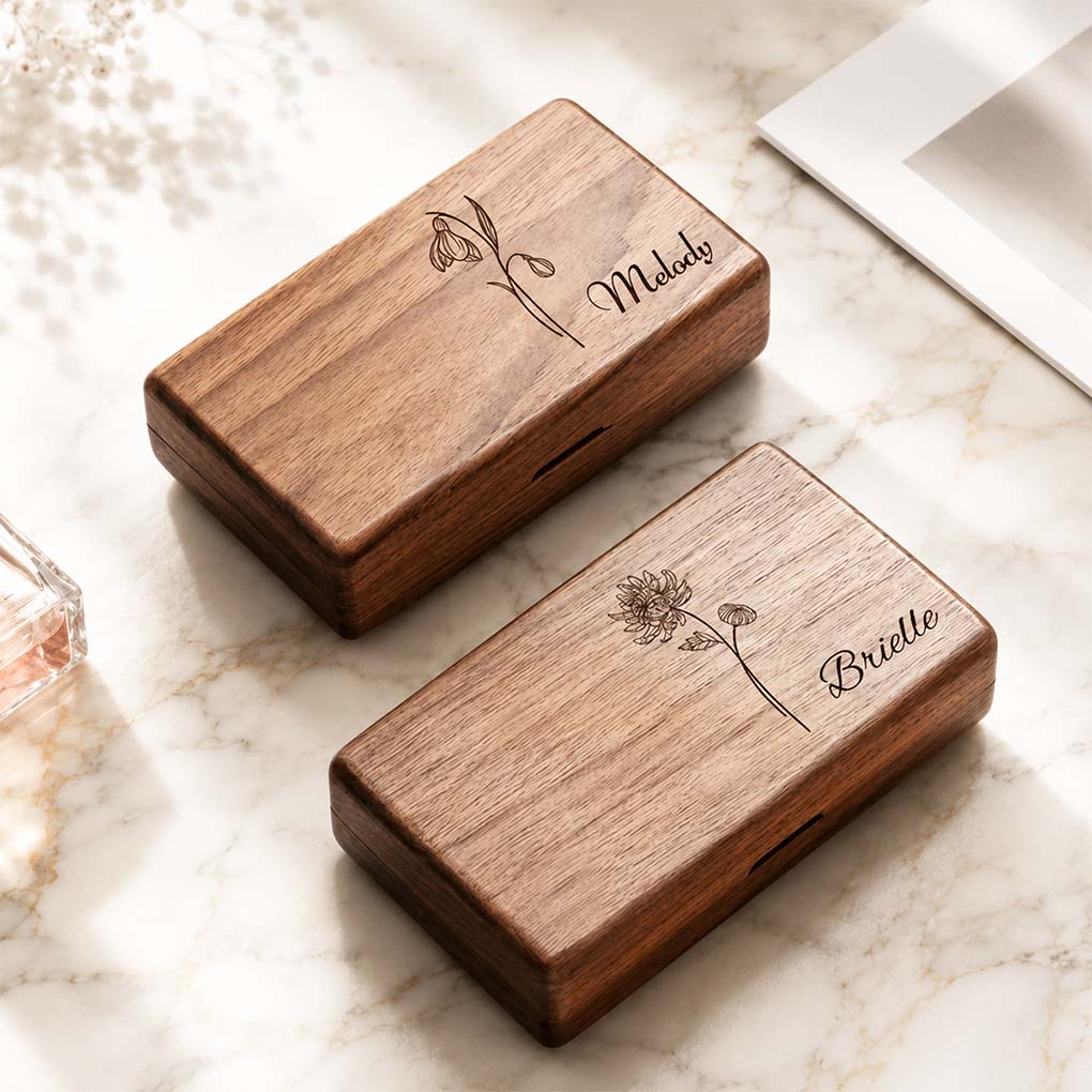 Personalized wooden gift box engraving in Dubai with custom names and floral laser engraved designs