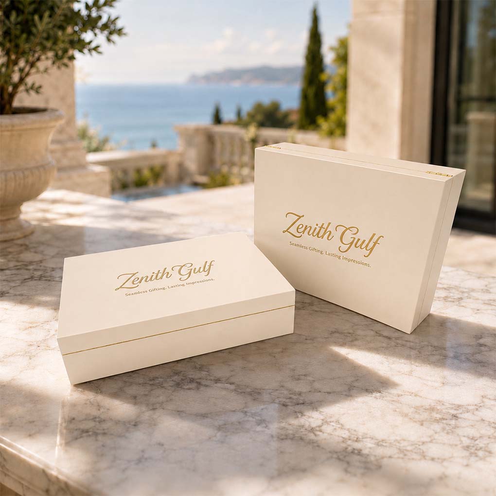 Premium custom gift boxes in Dubai with elegant cream finish and gold foil logo for corporate gifting