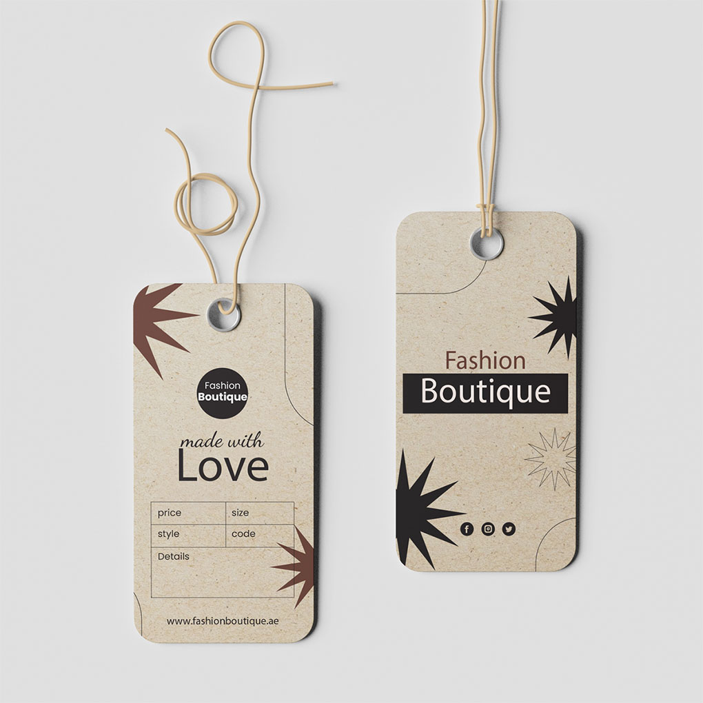Custom fashion boutique hang tag printing in Dubai with branded clothing tags and product information