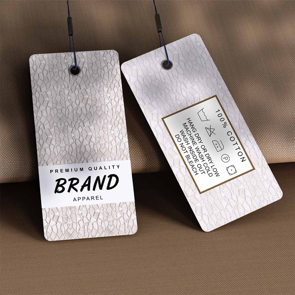 Premium apparel hang tag printing in Dubai with custom branding, garment details and care instructions